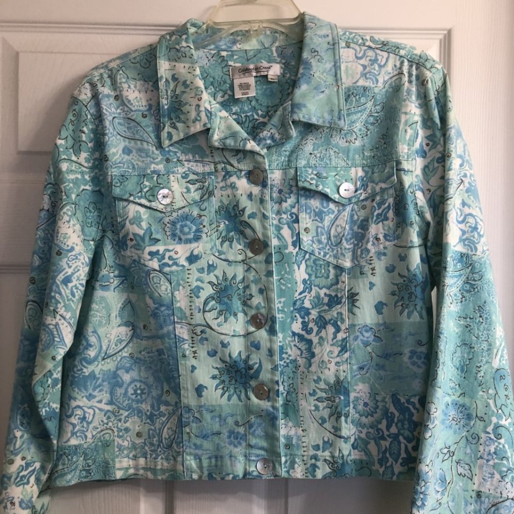 Coldwater Creek Light Aqua & Teal Paisley Jean Jacket